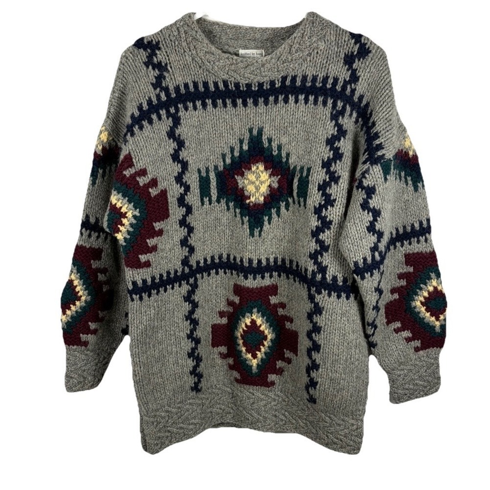 Vintage Susann D Hand Knitted Shetland Wool Sweater Southwestern Aztec‎ Women M